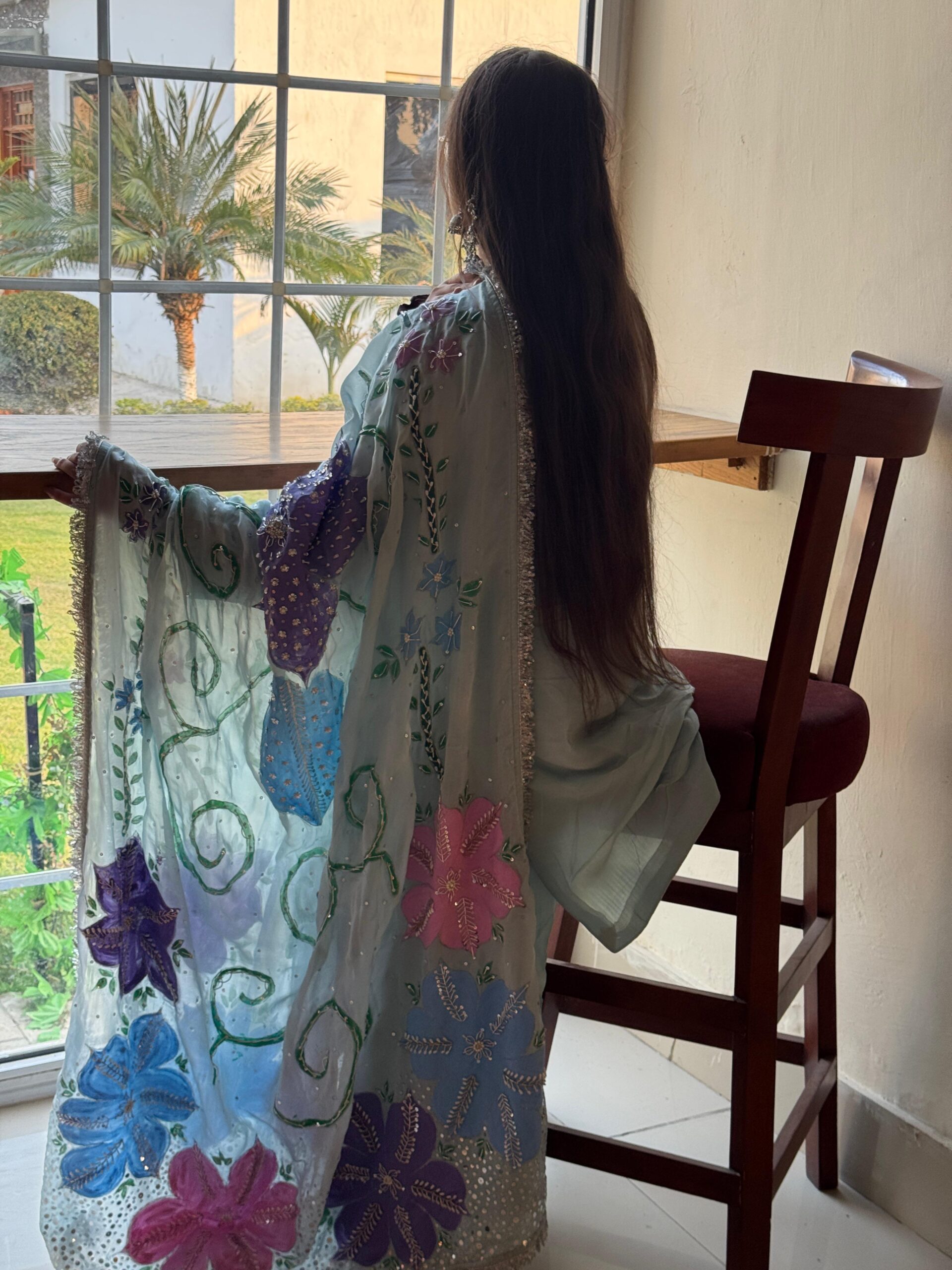 Embellished Dupatta with Hand embroidered shirt and a trouser stitched - Image 2