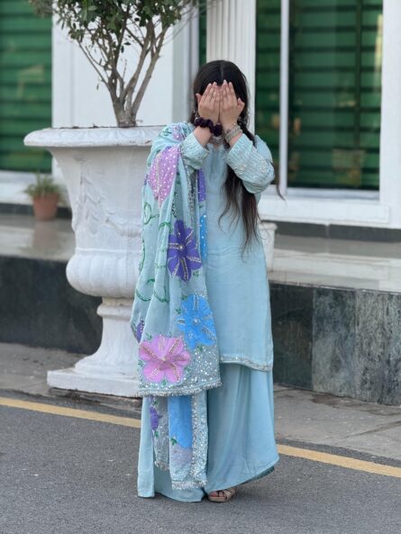 Embellished Dupatta with Hand embroidered shirt and a trouser stitched