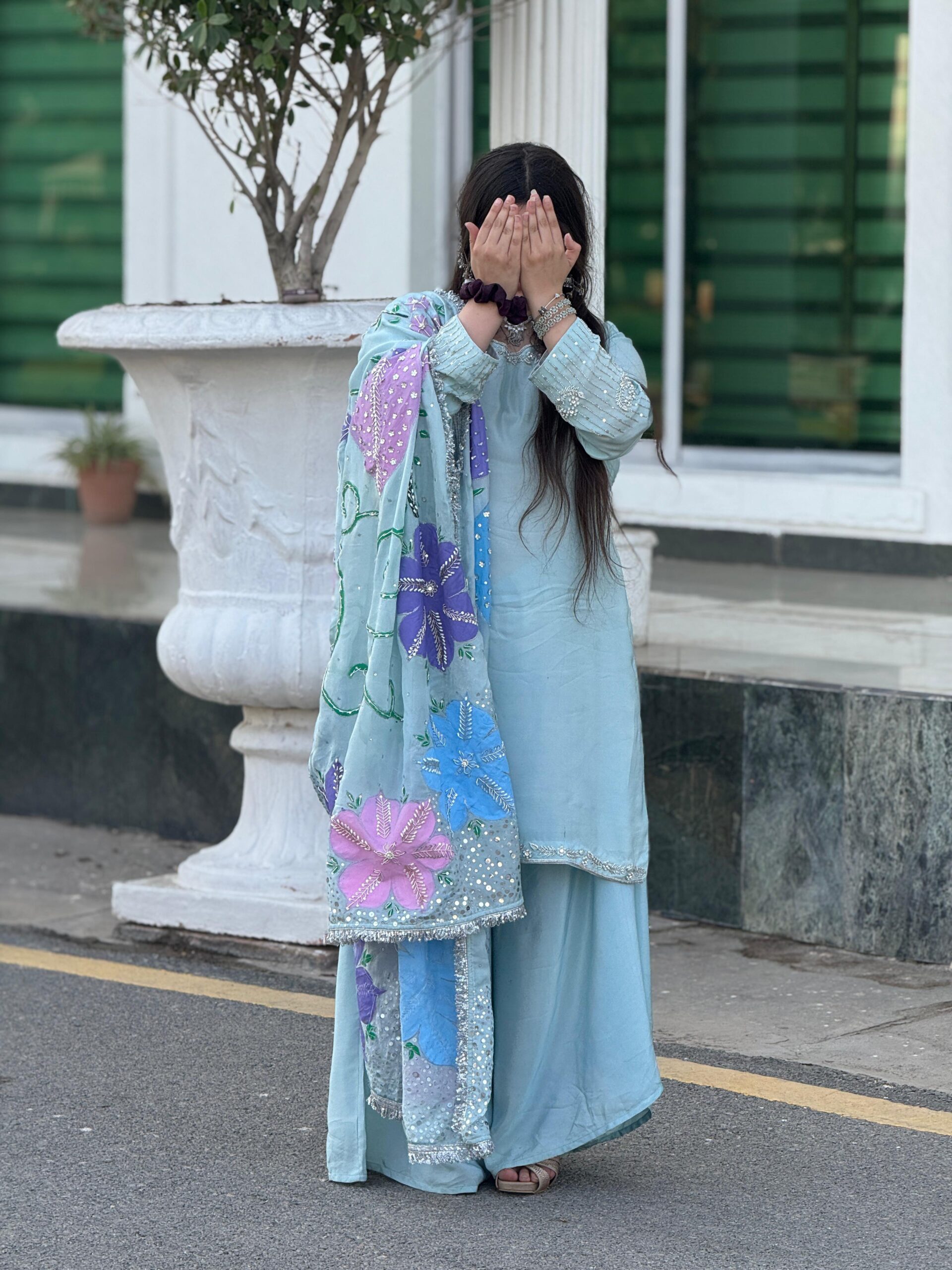 Embellished Dupatta with Hand embroidered shirt and a trouser stitched