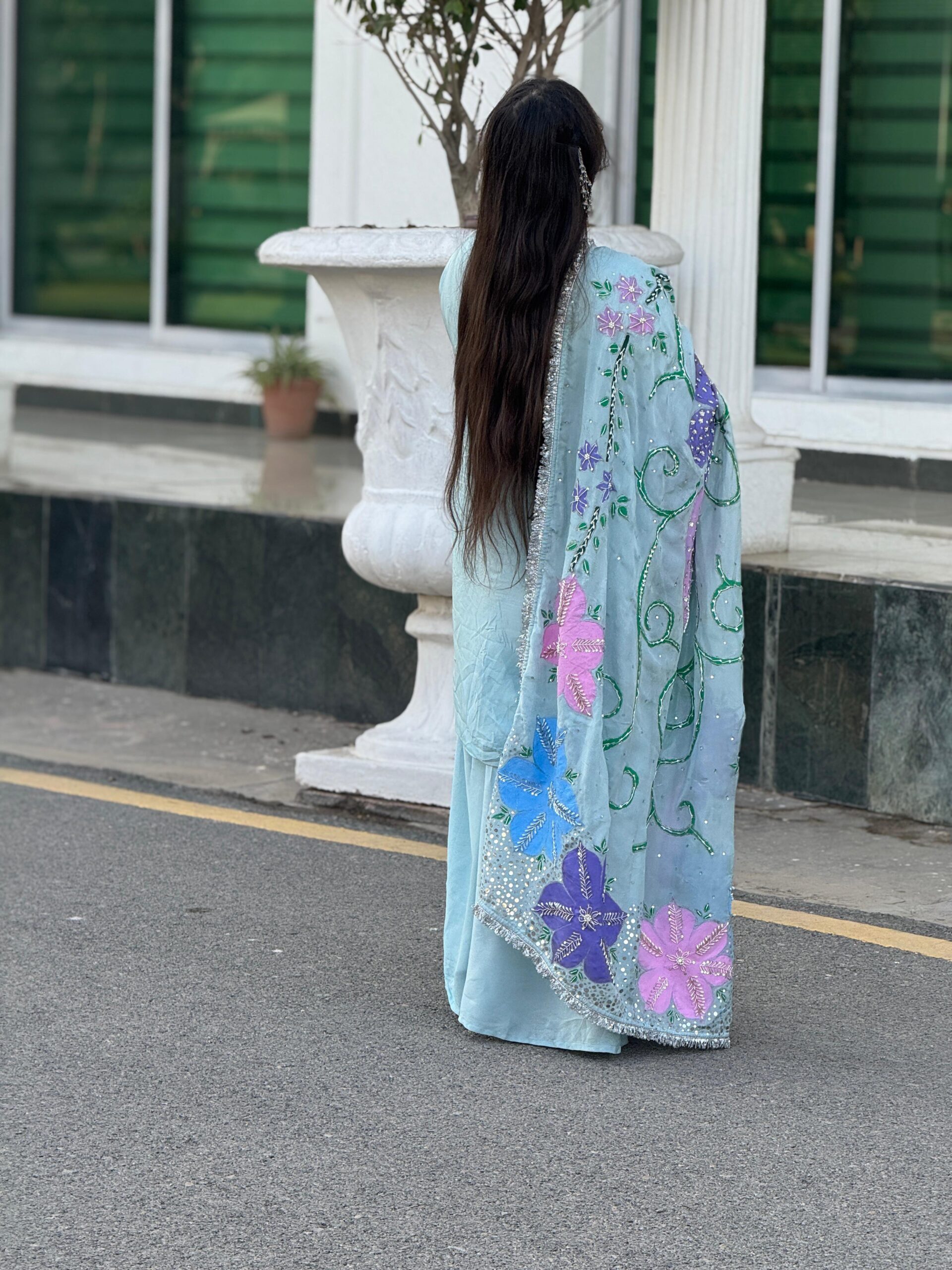 Embellished Dupatta with Hand embroidered shirt and a trouser stitched - Image 3